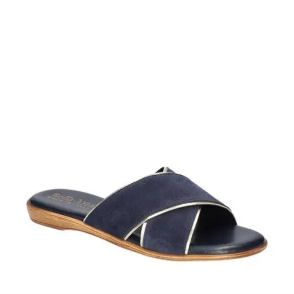 Bella Vita Tab-Italy Suede Navy & Gold Women's Slide Sandals Nwot Size 6 - Picture 1 of 7